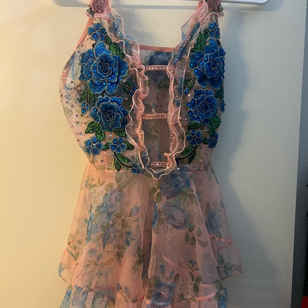 Floral Embellished Pink and Blue Dance Costume